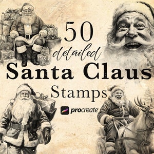 May include: A set of 50 detailed Santa Claus stamps for Procreate. The stamps feature various illustrations of Santa Claus in different poses, including sitting on a pile of presents, walking with a bag of gifts, and riding a reindeer.