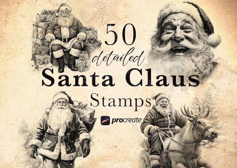 May include: A set of 50 detailed Santa Claus stamps for Procreate. The stamps feature various illustrations of Santa Claus in different poses, including sitting on a pile of presents, walking with a bag of gifts, and riding a reindeer.