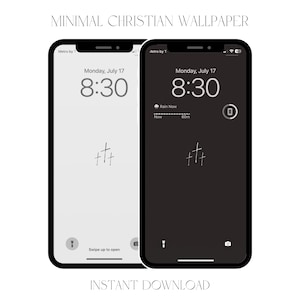 May include: A black and white phone screen with a minimalist design. The screen displays the time, date, and a cross symbol. The text "Rain Now" is visible at the top of the screen.