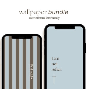 Könnte beinhalten: Zwei Smartphones mit schwarzen Rändern. Eines zeigt vertikale braune und blaue Streifen mit "Psalm 23:4". Das andere zeigt "Ich bin nicht allein." mit einem Kreuzsymbol. Der Text "Wallpaper-Bundle sofort herunterladen" steht oben.