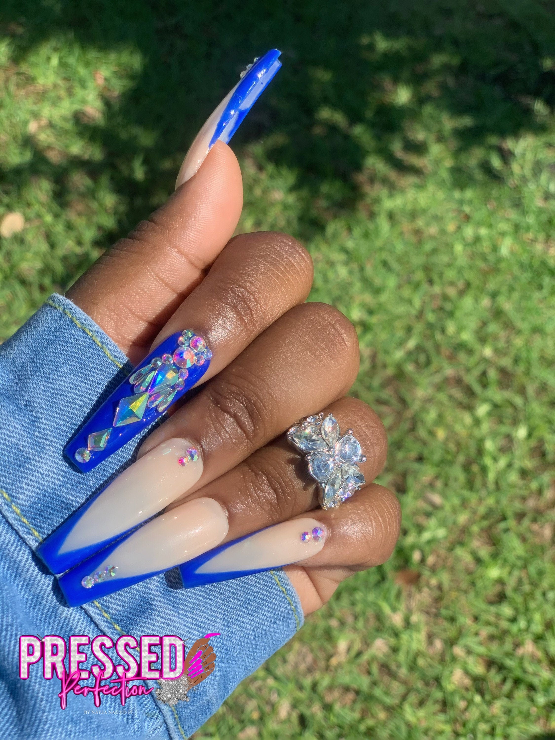 Blue Coffin V Cut French Rhinestone Press On Nails Fake Etsy