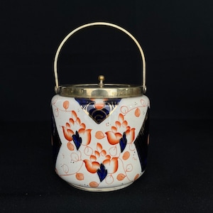 Antique Royal Crown Derby Biscuit Barrel c1840s - EPNS Lid And Handle Imari Style Hand Painted