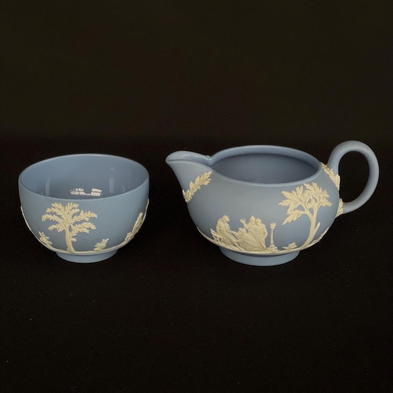 希少 アンティーク ウェッジウッド ジャスパーウェア シュガーボウル クリーマー ヴィンテージ ウェッジウッド ブルー ジャスパーウェア シュガーボウル