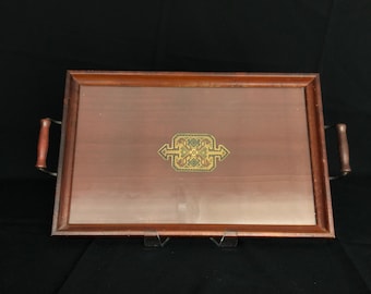 Vintage Wood & Glass Tray with Central Geometric Motif c1940s