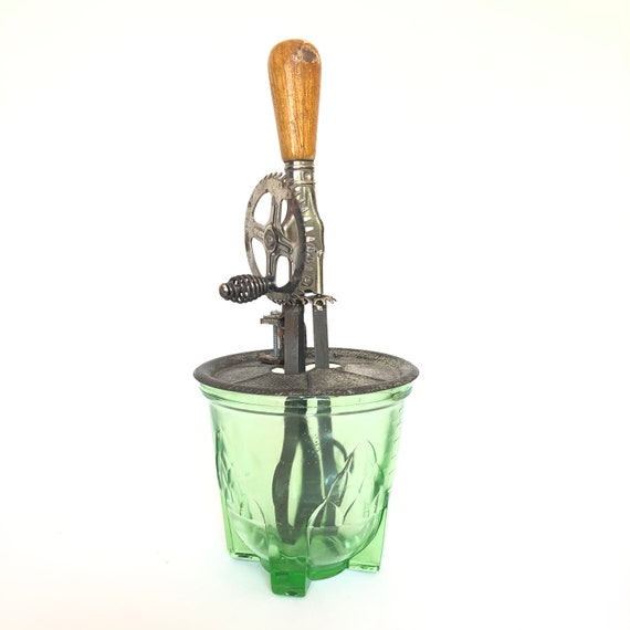 Vintage / Antique Hand Mixer Beater With Green Glass Pitcher C1920's 