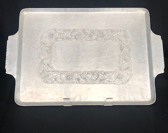 Vintage 'Intaglio Design' Forged Aluminum Tray by EMPC with Art Nouveau Floral