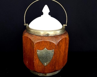 Antique English Porcelain-Lined Oak & Plated Metal Biscuit Barrel