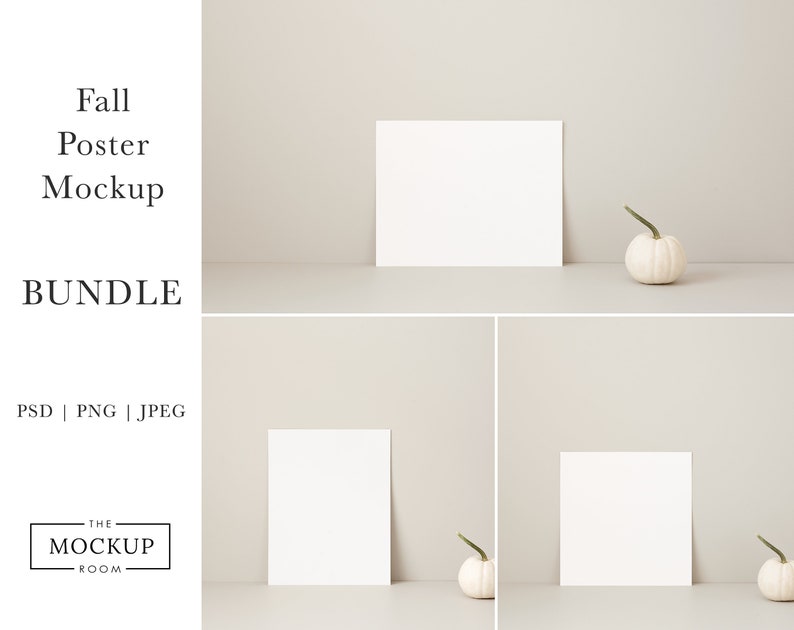 May include: A mockup bundle featuring a white poster leaning against a neutral background, with a small white pumpkin. The text "Fall Poster Mockup BUNDLE" is displayed, along with file type information. The Mockup Room logo is also visible.