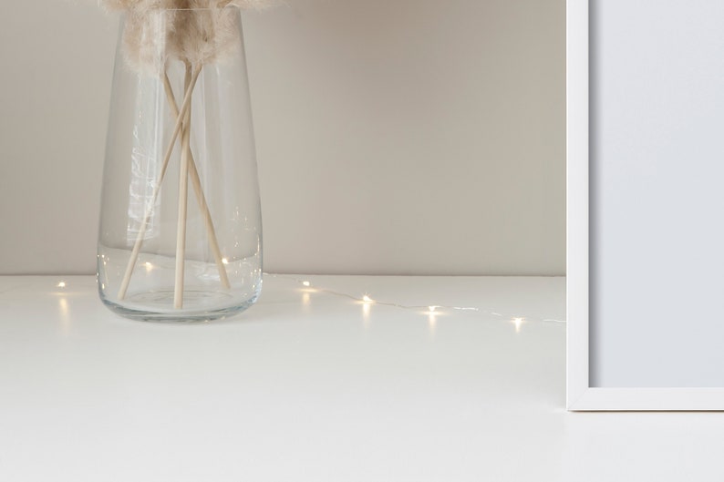 May include: A clear glass vase with dried pampas grass and a string of white fairy lights on a white surface.