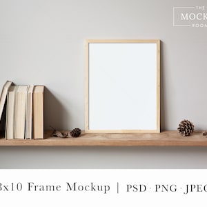 Thin Wood Frame Mockup On Bookshelf | Wood Frame Mockup | 8x10 Frame Mockup | Vertical Frame Mockup | Artwork Mockup | Frame Mock up