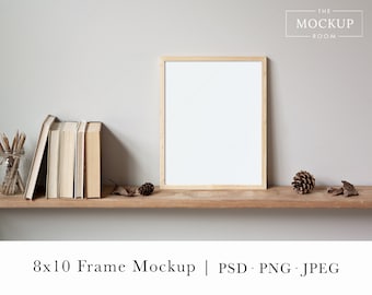 Thin Wood Frame Mockup On Bookshelf | Wood Frame Mockup | 8x10 Frame Mockup | Vertical Frame Mockup | Artwork Mockup | Frame Mock up