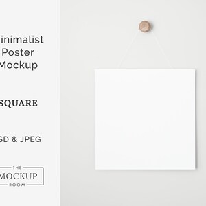 May include: A white square poster mockup hanging on a white wall with a wooden knob. The poster is blank and ready for your design.