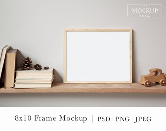 Thin Wood Frame Mockup On Bookshelf | Wood Frame Mockup | 8x10 Frame Mockup | Horizontal Frame Mockup | Artwork Mockup | Frame Mock up