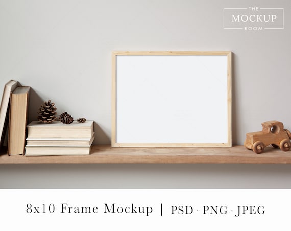 Thin Wood Frame Mockup On Bookshelf | Wood Frame Mockup | 8x10 Frame Mockup | Horizontal Frame Mockup | Artwork Mockup | Frame Mock up