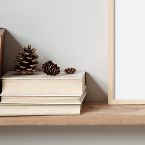 May include: A stack of books with a pine cone on top, sitting on a wooden shelf next to a blank picture frame.