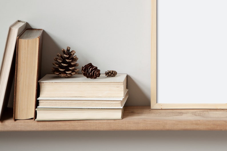 May include: A stack of books with a pine cone on top, sitting on a wooden shelf next to a blank picture frame.
