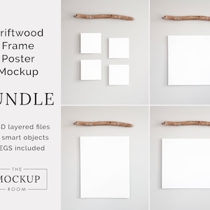 May include: A mockup of four white frames with driftwood hanging above them. The frames are arranged in a grid pattern. The text "Driftwood Frame Poster Mockup Bundle" is displayed on the left side of the image. The text "4 PSD layered files with smart objects JPEGS included" is displayed below the bundle text. The text "THE MOCKUP ROOM" is displayed below the previous text.
