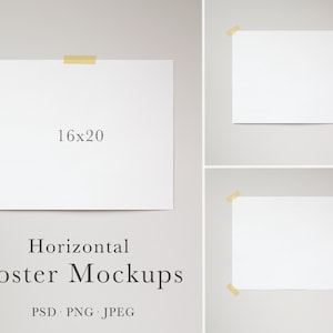 Puede incluir: Tres maquetas de póster horizontales con fondo blanco y borde de cinta marrón claro. Los tamaños de los pósters son de 16x20 pulgadas. El texto "Horizontal Poster Mockups" está debajo de los pósters. El texto "PSD - PNG - JPEG" está debajo del texto "Horizontal Poster Mockups".