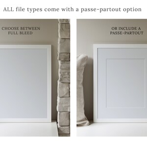 May include: Two white picture frames on a wall. The frame on the left shows a full bleed image. The frame on the right shows an image with a passe-partout.
