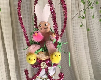 Dresden Trims Easter Ornament with Bump Chenille Bunny with Chickie Slippers