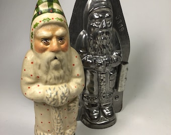 Papai Noel vintage em gesso estilo folk art com molde de chocolate original em metal #5319