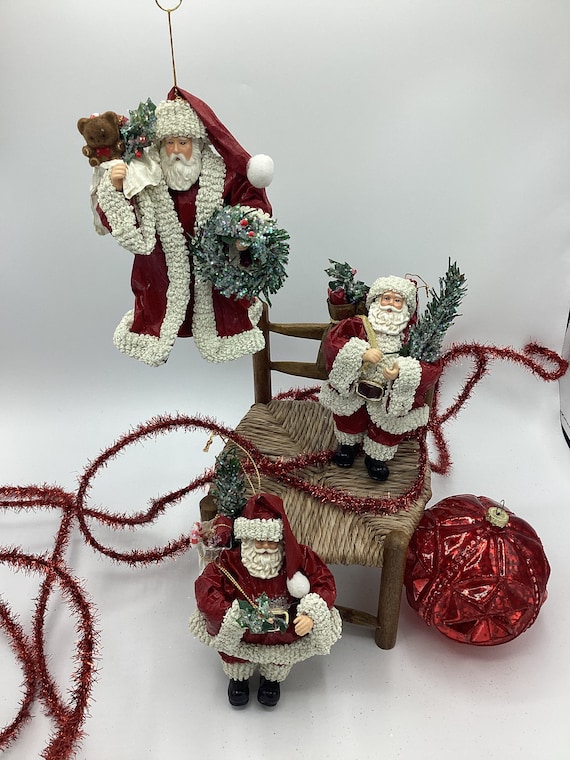 Vintage Possible Dreams Paper Mache Santa Ornament Trio