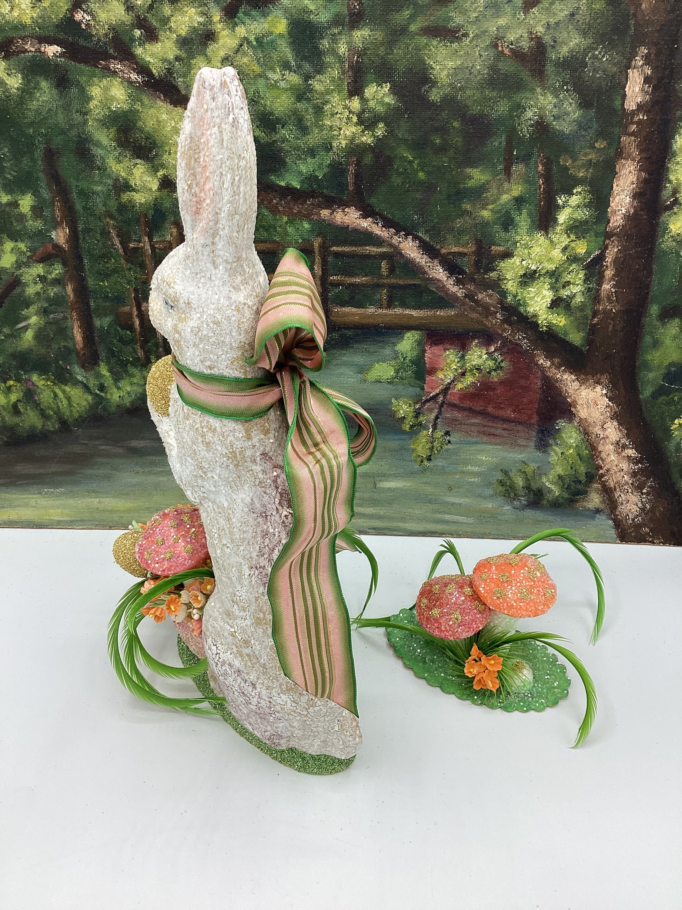 Easter Bunny Golden Eggs Mushroom Forager White Gold Crackle Finish Etsy