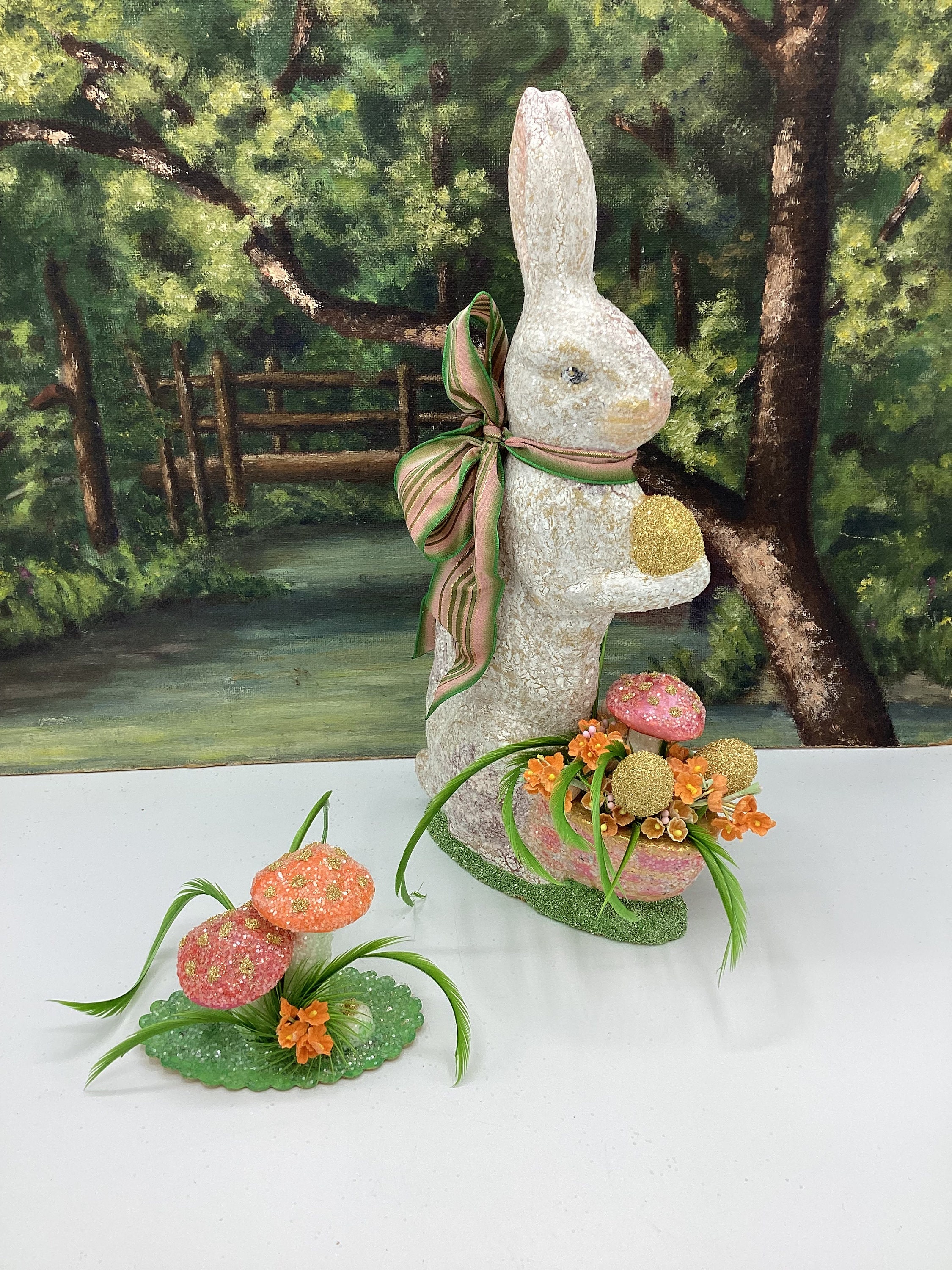 Easter Bunny Golden Eggs Mushroom Forager White Gold Crackle Finish Etsy