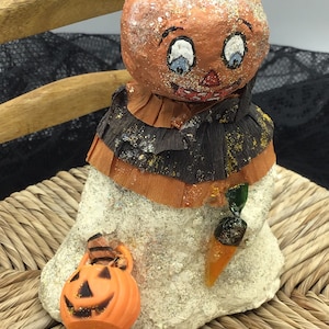 Teena Flanner Vintage Spooky Pumpkin Head Ghost Vintage Paper Mache Halloween