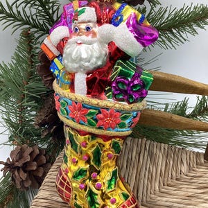 Christopher Radko Vintage “Holly Sock Surprise” Santa Handblown Glass Ornament
