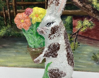Spring Rabbit with Bright Flowers Bunny Easter Delight Paper Mache Heirloom