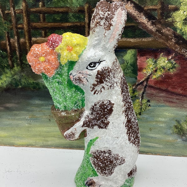 Spring Rabbit with Bright Flowers Bunny Easter Delight Paper Mache Heirloom