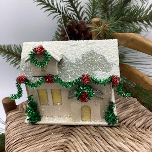 Vintage Green and White Putz House Decorated in Red and Green