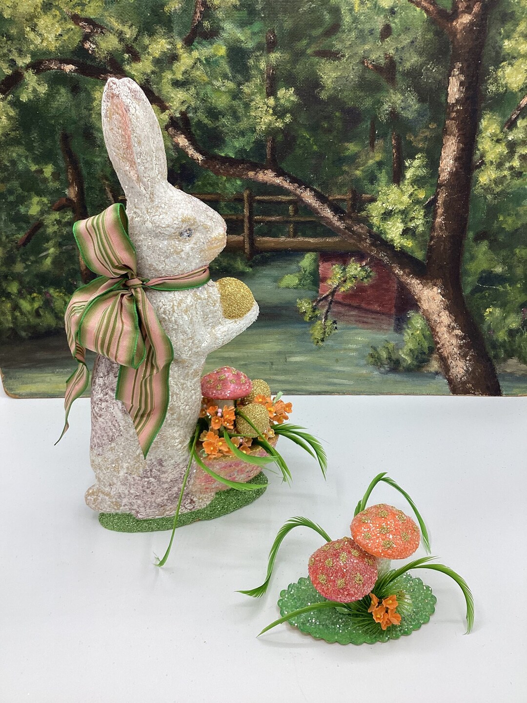 Easter Bunny Golden Eggs Mushroom Forager White Gold Crackle Finish Etsy