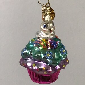 Christopher Radko Vintage “Butter Cream Bunny” Handblown Glass Cupcake Ornament