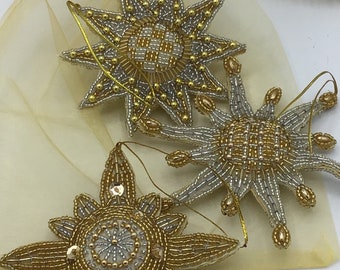 Vintage Beaded Star Christmas Ornament Set, Glass Sequins, Handmade Thailand (Set of 3)