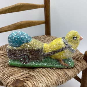 Easter Chick Decoration Chick Pulling Farm Cart With A Sparkling Blue Green Egg Paper Mache Heirloom Collectible
