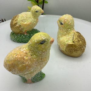 Peck, Peep and Squeak Trio of Paper Mache Chicks Moulded in Antique Chocolate Moulds and Hand Decorated by Holly Days Heirlooms