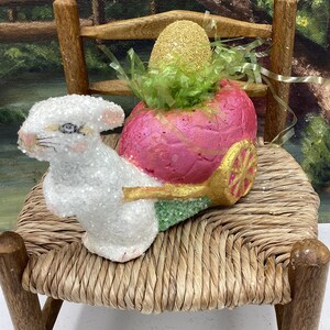 Easter Bunny Egg Cart Pink Egg Paper Mache OOAK Heirloom Collectible