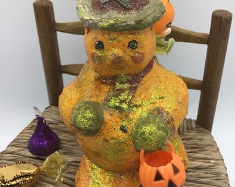 Vintage Teena Flanner Pumpkin Man OOAK Paper Mache Halloween Collectible