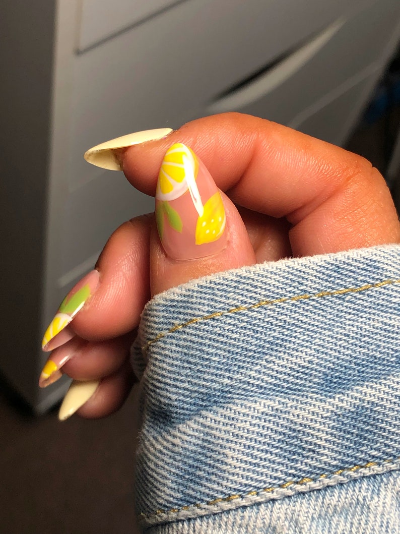 Cute Yellow Press on Nails Hand Painted Lemon Design Soft Etsy