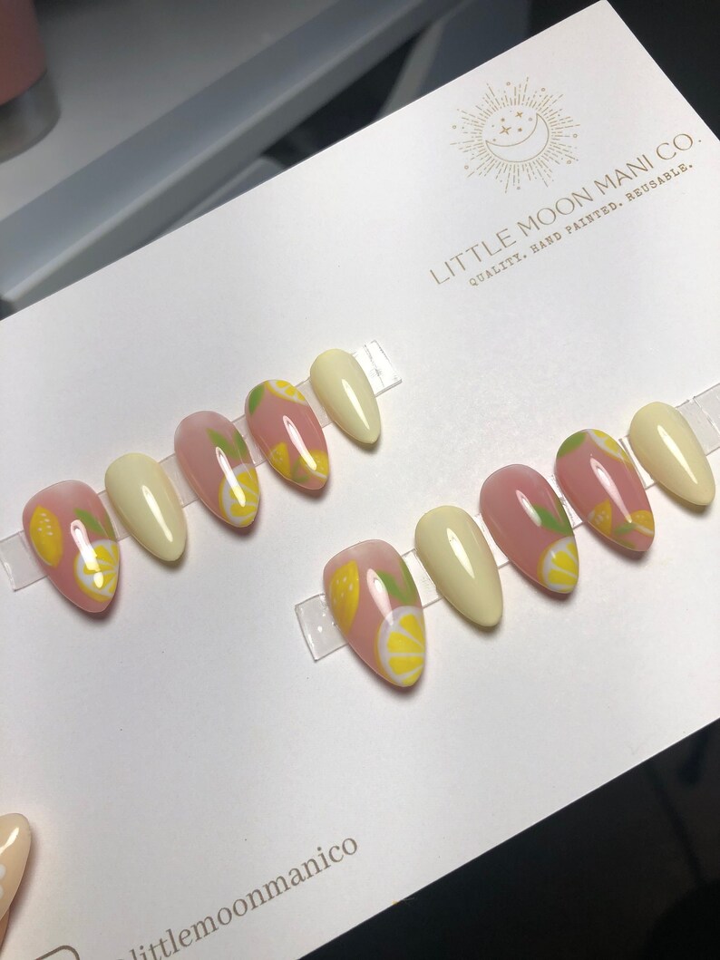 Cute Yellow Press on Nails Hand Painted Lemon Design Soft Etsy