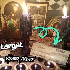 May include: A black figural candle with a lit wick, surrounded by several small tea light candles with purple wax. A rectangular card features the text Karma, What goes around comes around, and a drawing of a fence. A teal arrow points to the card.