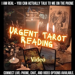Puede incluir: Una vela de pilar blanca alta, dos velas cónicas encendidas y dos cartas de tarot sobre una superficie. El texto dice: I AM REAL - YOU CAN ACTUALLY TALK TO ME ON THE PHONE, URGENT TAROT READING, Video, CONNECT LIVE: PHONE, CHAT, AND VIDEO OPTIONS AVAILABLE.