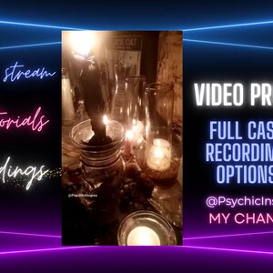 May include: A black candle burning in a glass jar with other candles and glass jars on a table. The text "VIDEO PROOF FULL CAST RECORDING OPTIONS @PsychicInsignia MY CHANNEL" is displayed on the image.