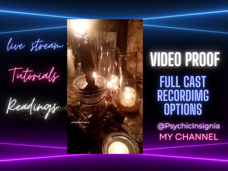 May include: A black candle burning in a glass jar with other candles and glass jars on a table. The text "VIDEO PROOF FULL CAST RECORDING OPTIONS @PsychicInsignia MY CHANNEL" is displayed on the image.