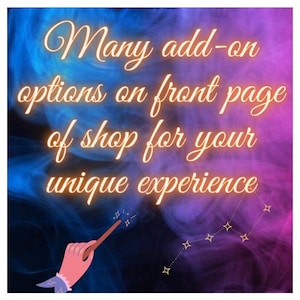 May include: A digital graphic featuring a swirling blue and purple smoke background with the text Many add-on options on front page of shop for your unique experience in a light yellow script font, accompanied by a small illustration of a hand holding a wand.