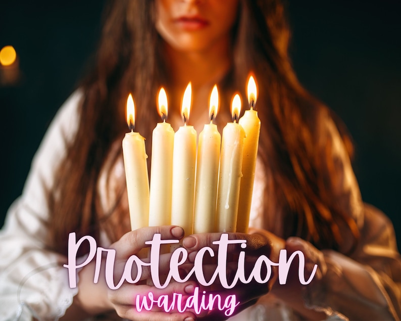 May include: A person is holding six lit white candles in their hands. The candles are arranged in a row and are all burning brightly. The text "Protection warding" is written in pink letters below the candles.