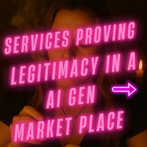 May include: A digital graphic featuring bright neon pink text that reads: SERVICES PROVING LEGITIMACY IN A AI GEN MARKET PLACE, accompanied by a neon pink arrow pointing to the right, set against a dark, dimly lit background with a candle.