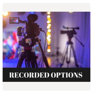 May include: Two black video cameras mounted on tripods are positioned in a studio setting with soft purple lighting and bokeh light accents. A black rectangular banner at the bottom displays the white text RECORDED OPTIONS in a serif font.